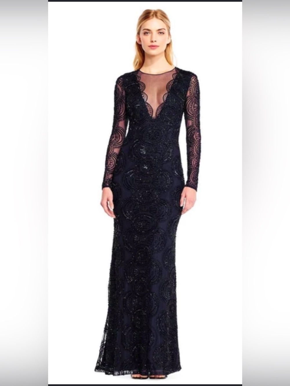 Aidan Mattox Black Beaded Long Sleeve Gown